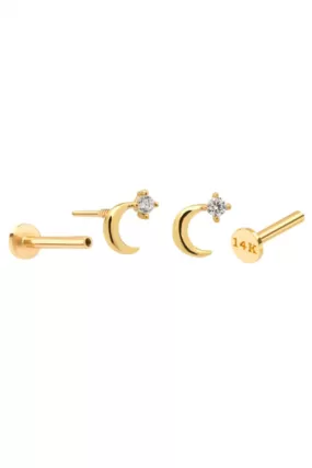 14k Gold  Helix Tragus Inner Conch Cartilage Point Cz Crescent Moon Internally Internal Threaded Earring Labret Piercing