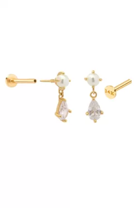 14K Solid Gold Cartilage Cz Dangle Fresh Water Pearl Internally Internal Threaded Tragus Cartilage Helix Earring Labret