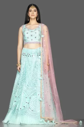 300465 Pastel Blue Lucknowi Work Georgette Lehenga with Pink Dupatta