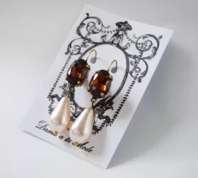 Brown Topaz Crystal and Pearl Earring