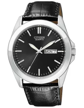 Citizen Quartz Mens Leather Strap Watch - Black Dial and Steel Case - Day/Date