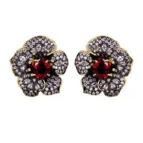 Exquisitely Inlaid Colored Ruby Rose Flower Earrings - 925 Sterling Silver