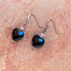 Faceted Onyx Hearts w/ Pink Tourmaline and Oxidized Sterling Silver Drop Earrings