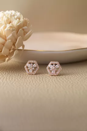 Hexagon With A Flower Rose Gold Plated Sterling Silver Stud Earrings