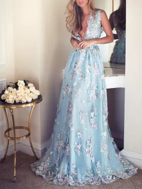 Lace Blue Prom Dress Lace V Neck Long Vintage Prom Dress #ER513