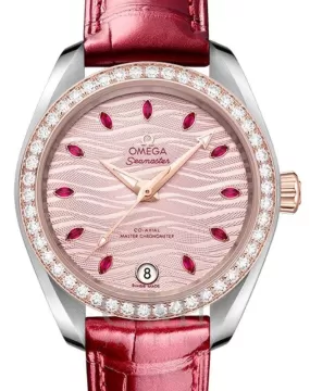 OMEGA SEAMASTER AQUA TERRA 150M CO-AXIAL MASTER CHRONOMETER 34MM STAINLESS STEEL SEDNA GOLD DIAMOND BEZEL PINK RUBY HOUR DIAL 220.28.34.20.60.001 WITH ALLIGATOR LEATHER STRAP