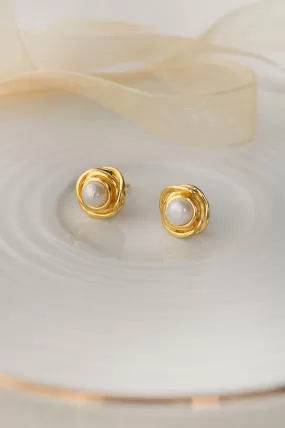 Pearl With A Flower Gold Plated Sterling Silver Statement Stud Earrings