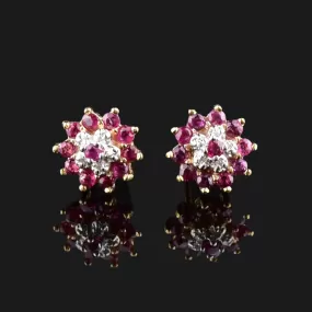 Vintage 10K Gold Diamond Ruby Cluster Stud Earrings